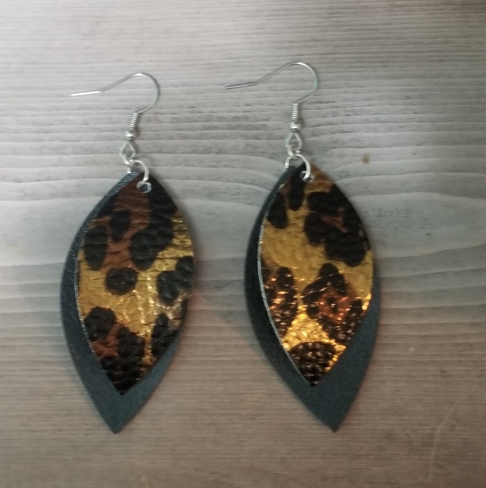 Handmade Black and Cheetah Faux Leather Earring